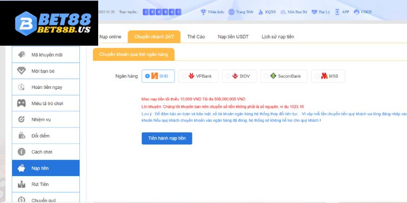 Các bước nạp tiền Bet88 nhanh chóng