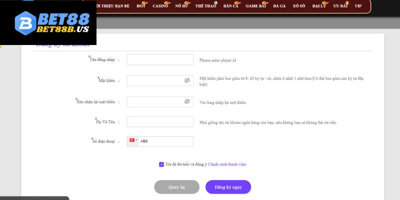 Quy trình đăng ký Bet88 cho người mới